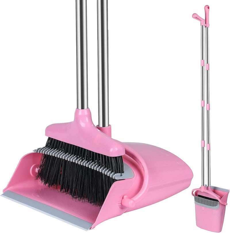 Eleckey Broom and Dustpan Set, Broom with Dustpan Combo Set for Home Office Kitchen(Pink) - Image 1